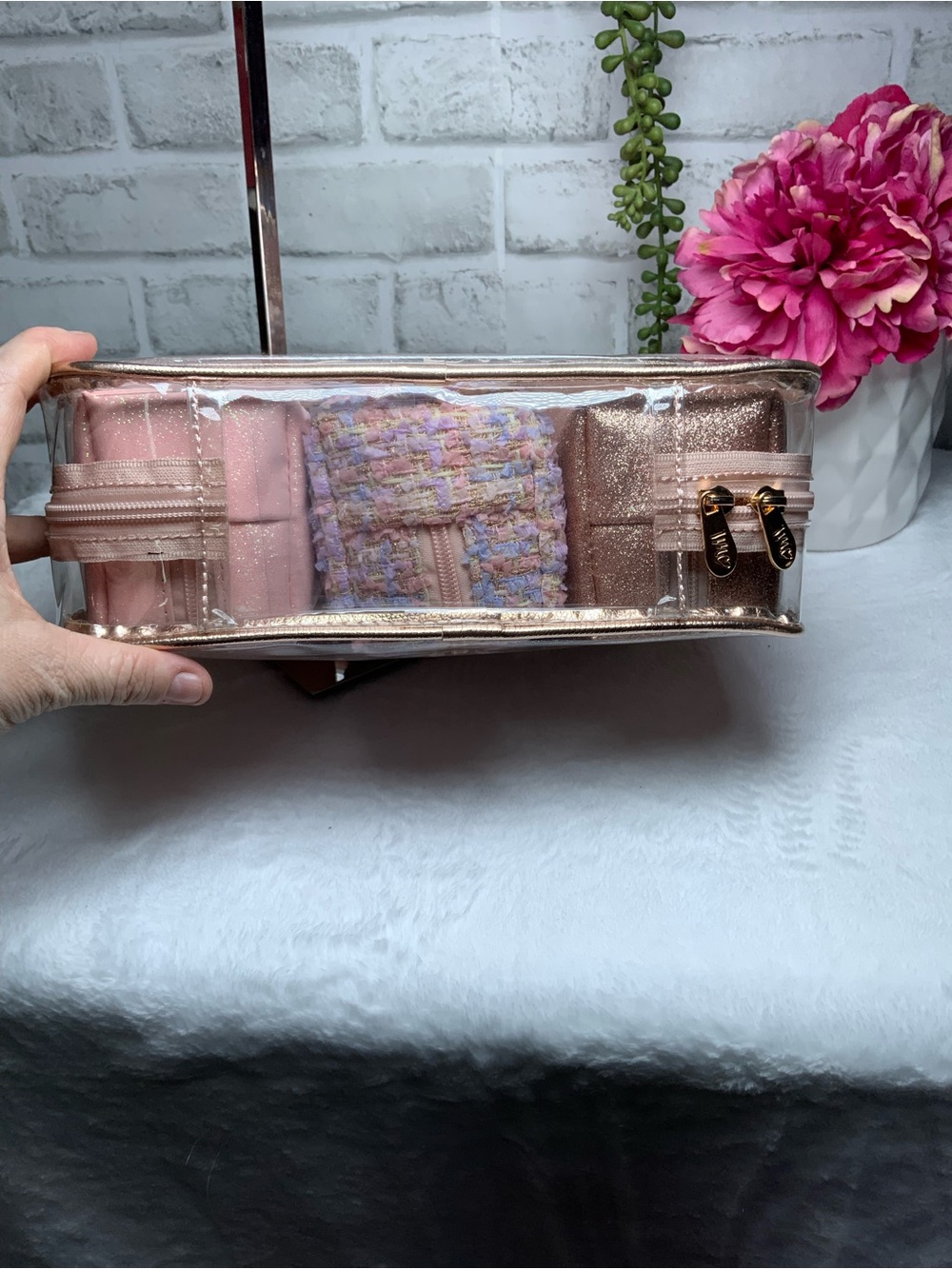 Clear Travel Tote with Rose Gold Trim and Pink Pouches - Picture 3 of 3